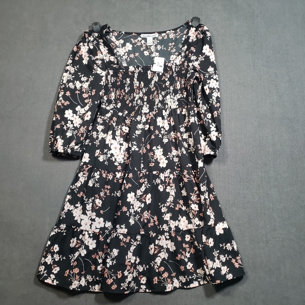 Charlotte Russe Floral Mini Dress Womens Small‎ Black Smocked Tiered GNY39231DT